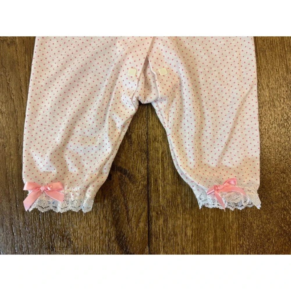Vintage Baby Terry Brand Girl Outfit 3 3/6 Months Pink Dots Bow Lace Square Snap